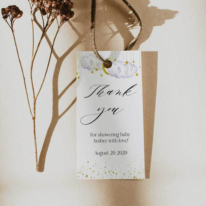 Fully editable and printable baby shower thank you tags with a twinkle little star design. Perfect for a twinkle little star baby shower themed party