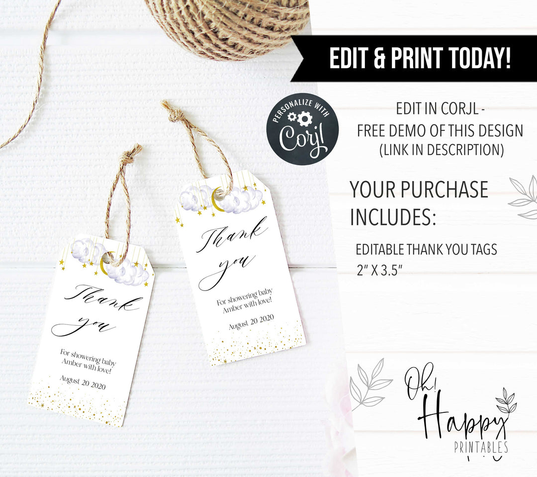 Fully editable and printable baby shower thank you tags with a twinkle little star design. Perfect for a twinkle little star baby shower themed party