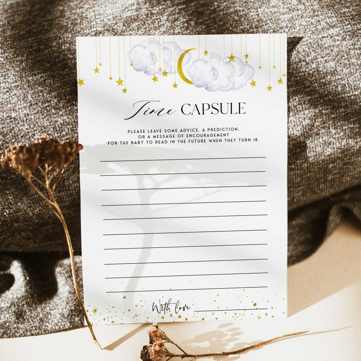 Fully editable and printable baby shower time capsule game with a little star design. Perfect for a Twinkle Little Star baby shower themed party