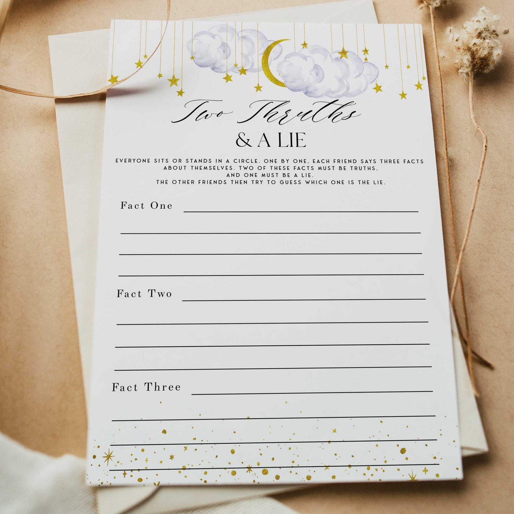 Fully editable and printable baby shower two truths and a lie game with a little star design. Perfect for a Twinkle Little Star baby shower themed party