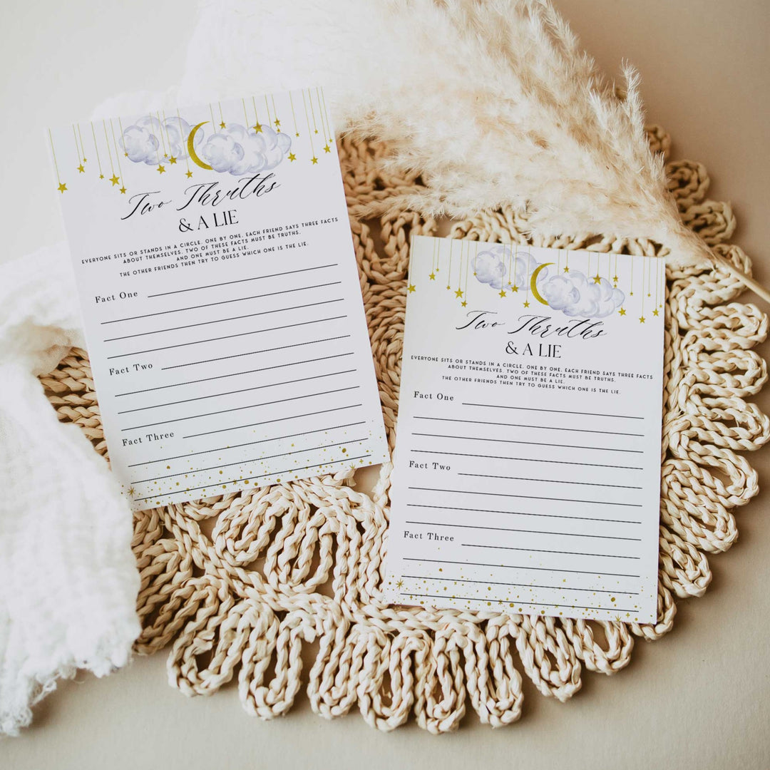 Fully editable and printable baby shower two truths and a lie game with a little star design. Perfect for a Twinkle Little Star baby shower themed party