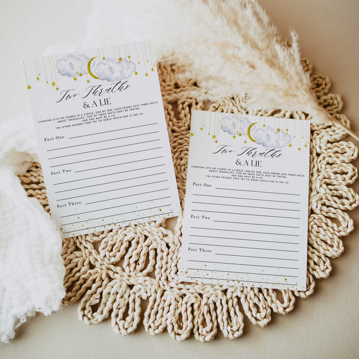 Fully editable and printable baby shower two truths and a lie game with a little star design. Perfect for a Twinkle Little Star baby shower themed party