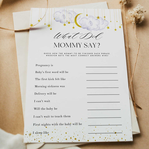 Fully editable and printable baby shower what did mommy say game with a little star design. Perfect for a Twinkle Little Star baby shower themed party
