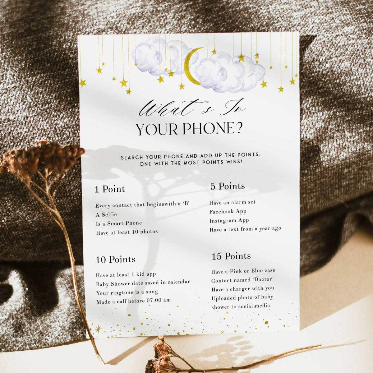 Fully editable and printable baby shower what's in the phone game with a little star design. Perfect for a Twinkle Little Star baby shower themed party