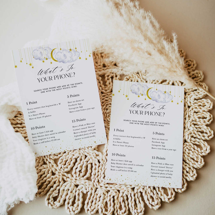 Fully editable and printable baby shower what's in the phone game with a little star design. Perfect for a Twinkle Little Star baby shower themed party