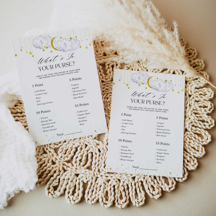 Fully editable and printable baby shower what's in your purse game with a little star design. Perfect for a Twinkle Little Star baby shower themed party