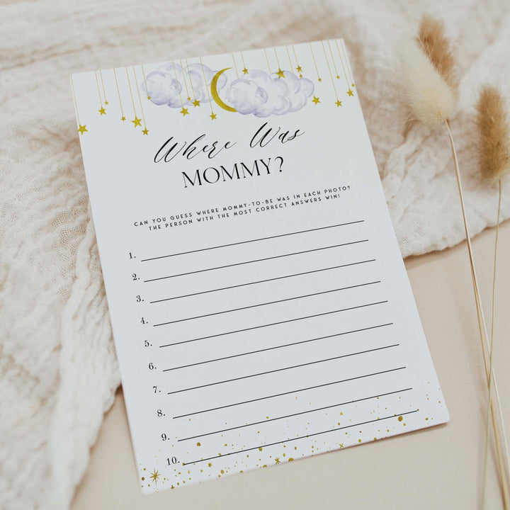 Fully editable and printable baby shower where was mommy game with a little star design. Perfect for a Twinkle Little Star baby shower themed party
