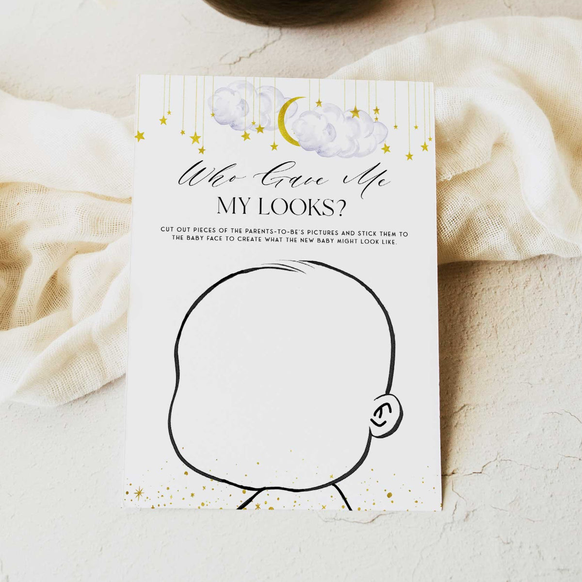 Fully editable and printable baby shower who gave me my looks game with a little star design. Perfect for a Twinkle Little Star baby shower themed party