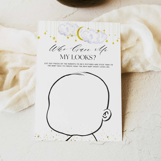 Fully editable and printable baby shower who gave me my looks game with a little star design. Perfect for a Twinkle Little Star baby shower themed party