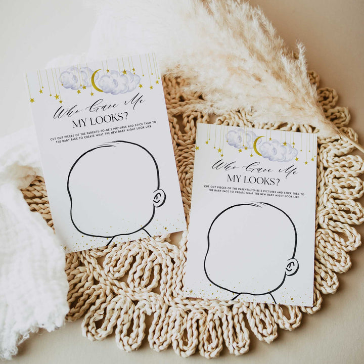 Fully editable and printable baby shower who gave me my looks game with a little star design. Perfect for a Twinkle Little Star baby shower themed party