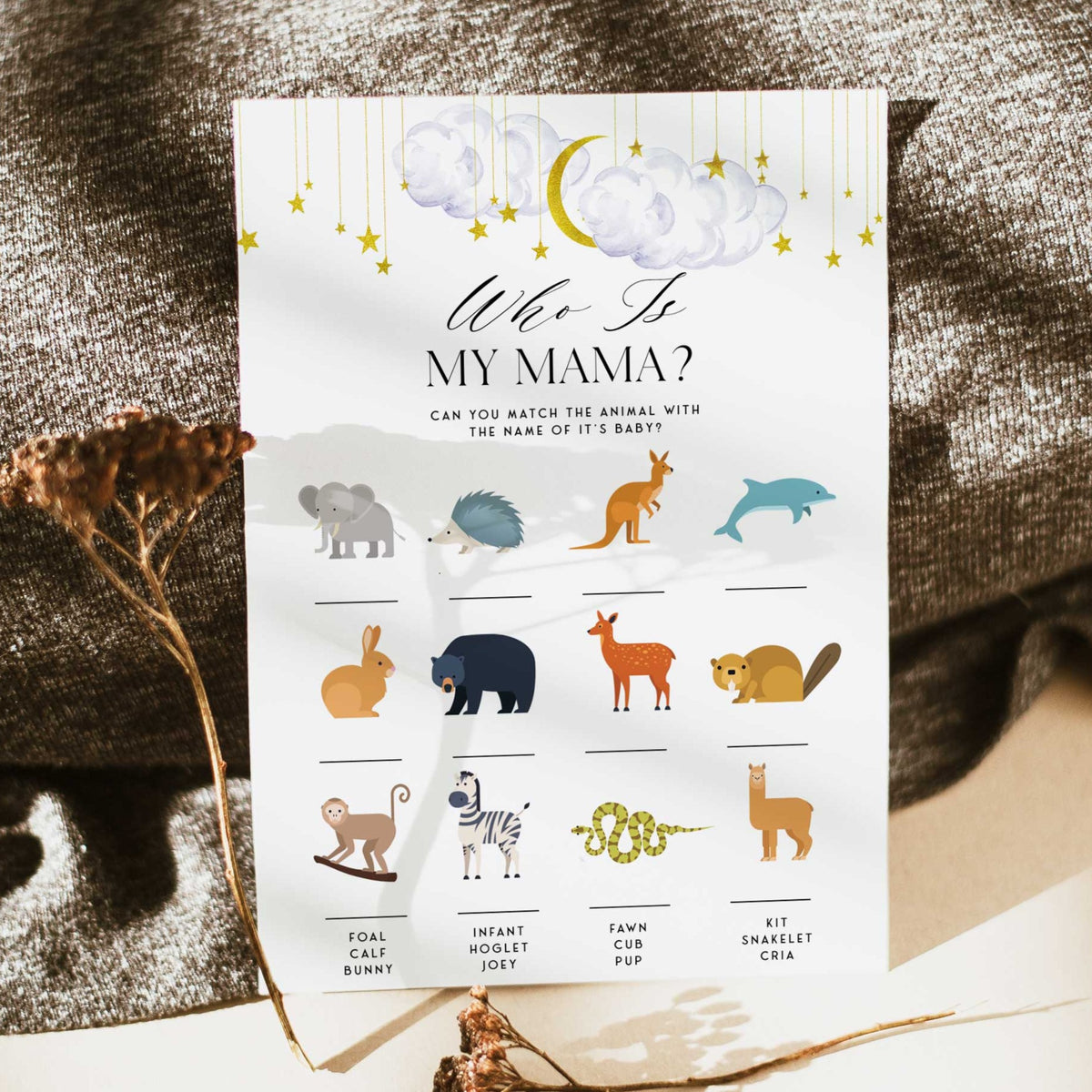 Fully editable and printable baby shower who is my mama game with a little star design. Perfect for a Twinkle Little Star baby shower themed party