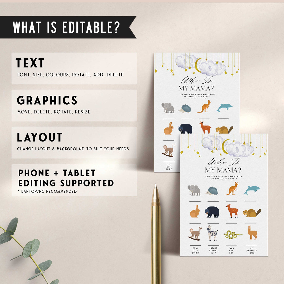 Fully editable and printable baby shower who is my mama game with a little star design. Perfect for a Twinkle Little Star baby shower themed party