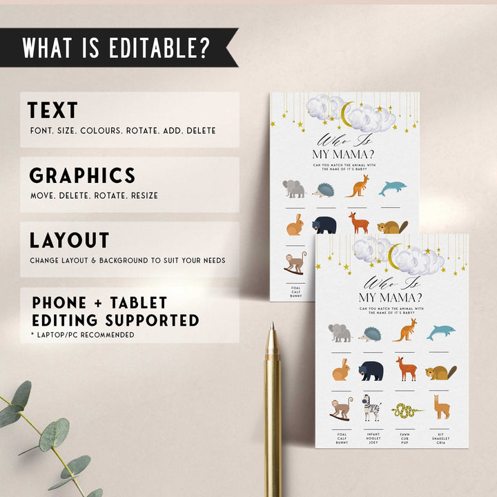 Fully editable and printable baby shower who is my mama game with a little star design. Perfect for a Twinkle Little Star baby shower themed party