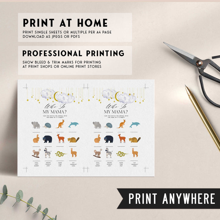 Fully editable and printable baby shower who is my mama game with a little star design. Perfect for a Twinkle Little Star baby shower themed party