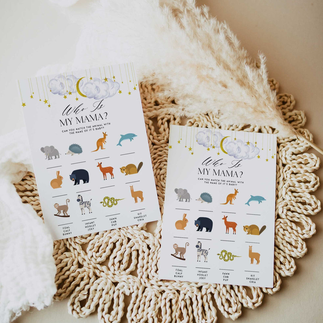 Fully editable and printable baby shower who is my mama game with a little star design. Perfect for a Twinkle Little Star baby shower themed party