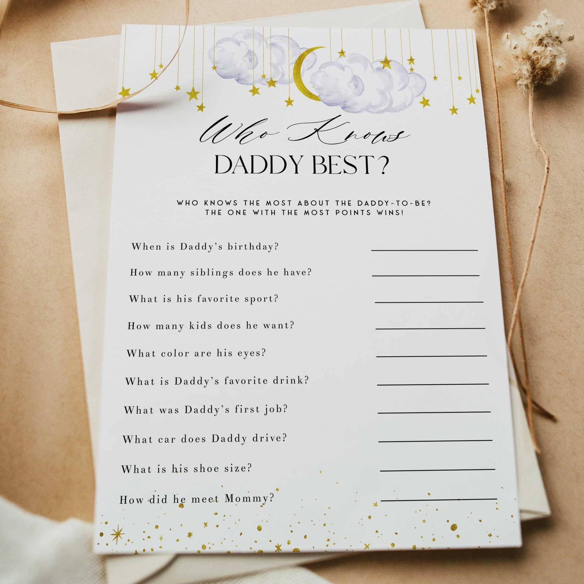 Fully editable and printable baby shower who knows daddy best game with a little star design. Perfect for a Twinkle Little Star baby shower themed party