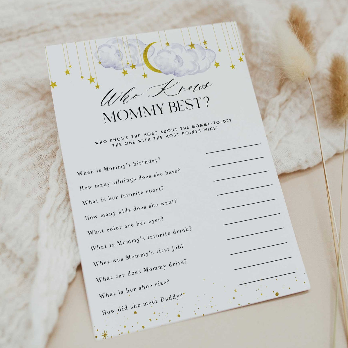 Fully editable and printable baby shower who knows mommy best game with a little star design. Perfect for a Twinkle Little Star baby shower themed party