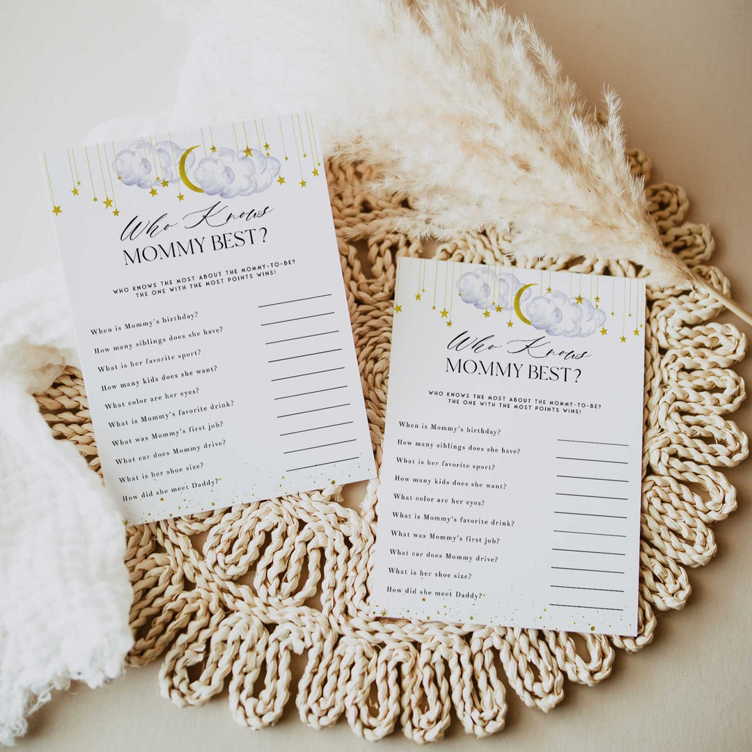 Fully editable and printable baby shower who knows mommy best game with a little star design. Perfect for a Twinkle Little Star baby shower themed party