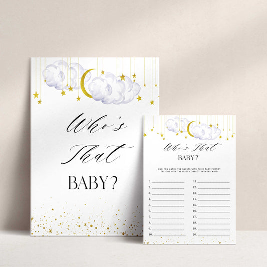 Fully editable and printable baby shower who's that baby game with a little star design. Perfect for a Twinkle Little Star baby shower themed party