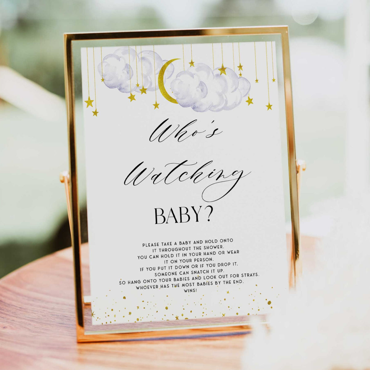 Fully editable and printable baby shower who's watching baby game with a little star design. Perfect for a Twinkle Little Star baby shower themed party