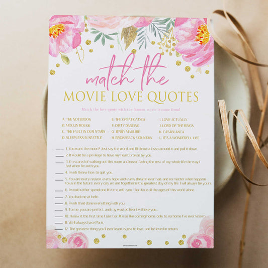 match the movie love quote, printable bridal shower games, blush floral bridal shower games, fun bridal shower games