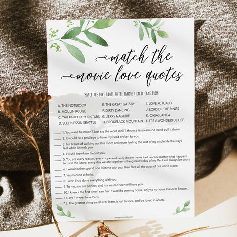 movie love quote, greenery bridal shower, fun bridal shower games, bachelorette party games, floral bridal games, hen party ideas