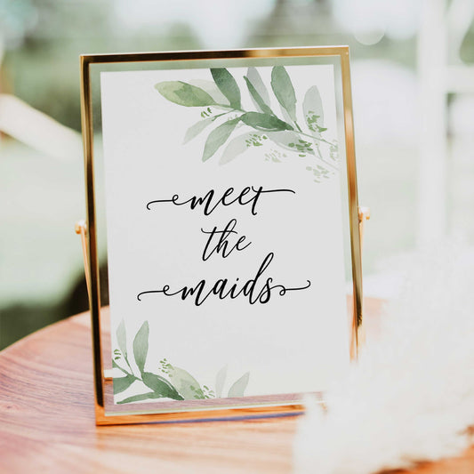 meet the maids sign, greenery bridal shower, fun bridal shower games, bachelorette party games, floral bridal games, hen party ideas
