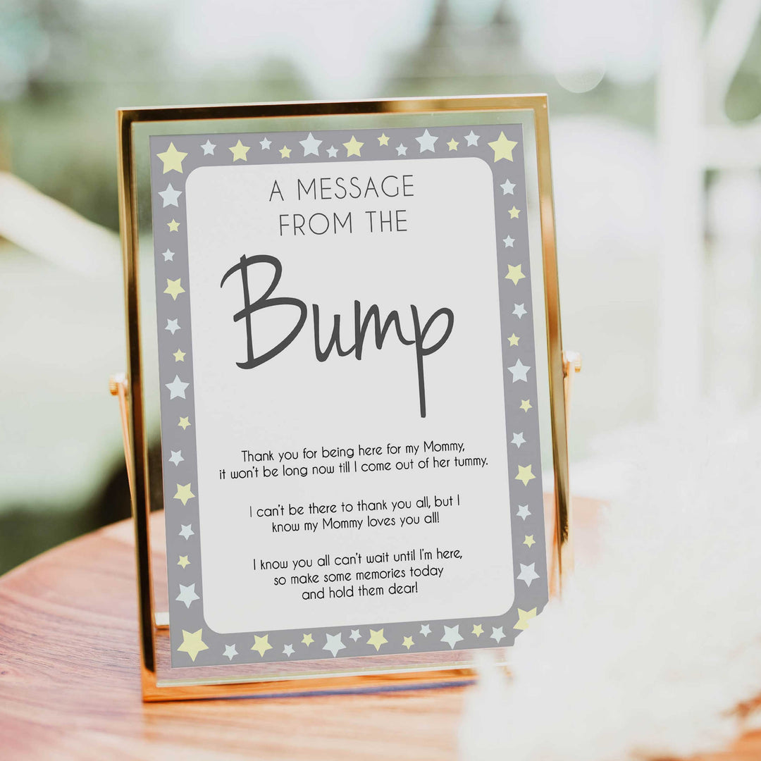 Grey Yellow Stars Message From Baby, Baby Shower Signs, Printable Baby Shower Signs, Baby Bump, Message From Bump, Stars Baby Signs, printable baby games, fun baby games, popular baby games