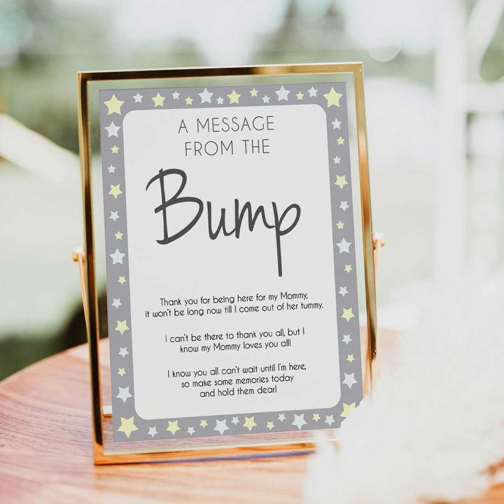 Grey Yellow Stars Message From Baby, Baby Shower Signs, Printable Baby Shower Signs, Baby Bump, Message From Bump, Stars Baby Signs, printable baby games, fun baby games, popular baby games