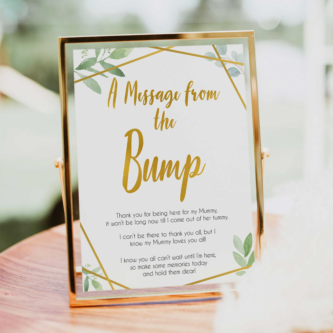 gold geometric message from the bump baby shower games, printable baby shower games, fun baby games, popular baby games, gold baby games