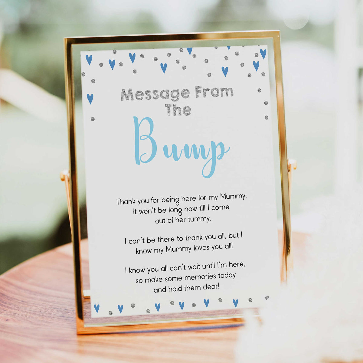 message from the bump, baby message, Printable baby shower games, small blue hearts fun baby games, baby shower games, fun baby shower ideas, top baby shower ideas, silver baby shower, blue hearts baby shower ideas