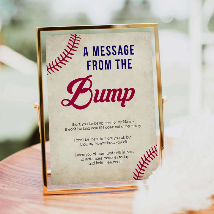 baseball message from the bump, baby shower games, baby shower signs, printable baby shower games, fun baby shower games, popular baby shower games