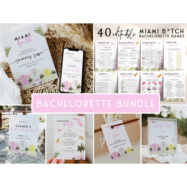 fully editable Miami themed bachelorette party bundle including 40 editable games, invitations, mobile invitations, signs, thank you tags and more