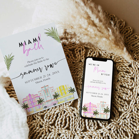 fully editable Miami themed bachelorette party bundle including 40 editable games, invitations, mobile invitations, signs, thank you tags and more