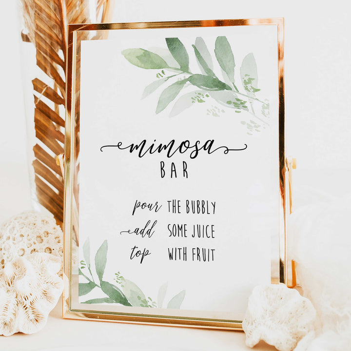 mimosa bar sign, greenery bridal shower, fun bridal shower games, bachelorette party games, floral bridal games, hen party ideas