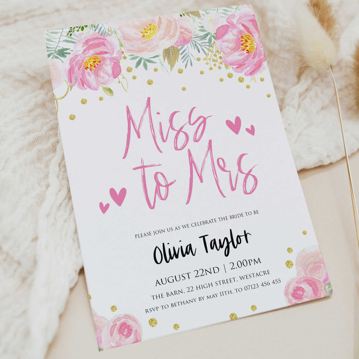 editable miss to mrs bridal shower invite, bridal invitation, blush gold bachelorette invitation, editable bridal shower invitations, corjl invite, bachelorette party invite, floral bridal invite