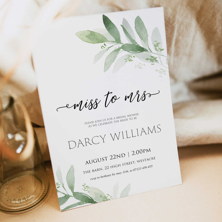Editable Miss to Mrs Invitation - Greenery