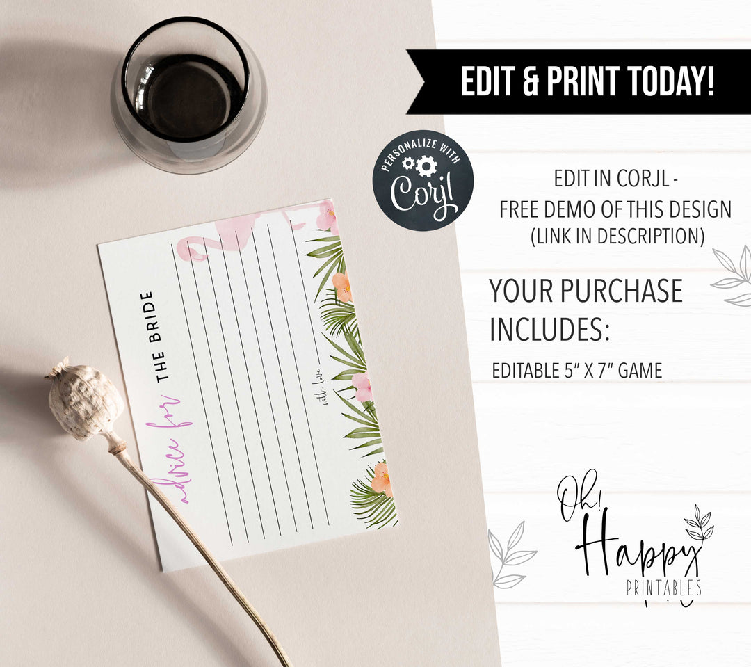 Fully editable and printable advice for the bride game with a miami design. Perfect for a miami, Bachelorette themed party