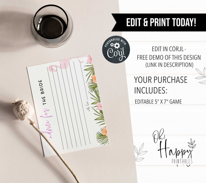 Fully editable and printable advice for the bride game with a miami design. Perfect for a miami, Bachelorette themed party