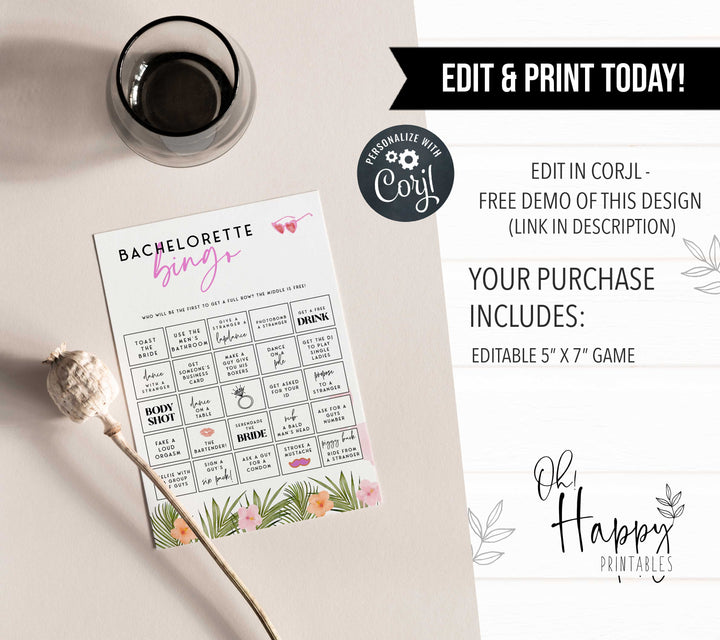 Fully editable and printable adult bachelorette party bingo game with a miami design. Perfect for a miami, Bachelorette themed party