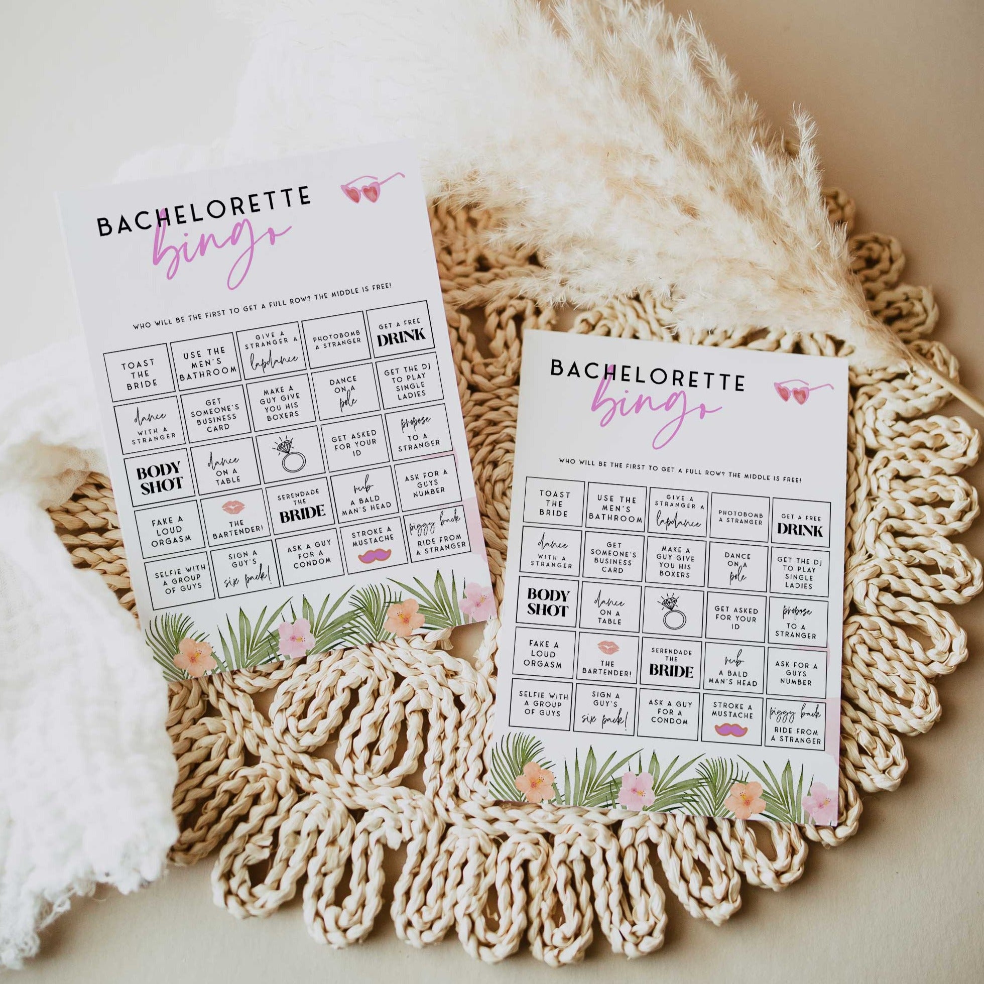 Fully editable and printable adult bachelorette party bingo game with a miami design. Perfect for a miami, Bachelorette themed party