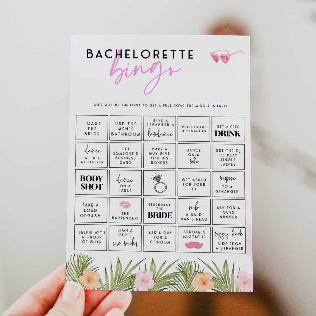 Fully editable and printable adult bachelorette party bingo game with a miami design. Perfect for a miami, Bachelorette themed party