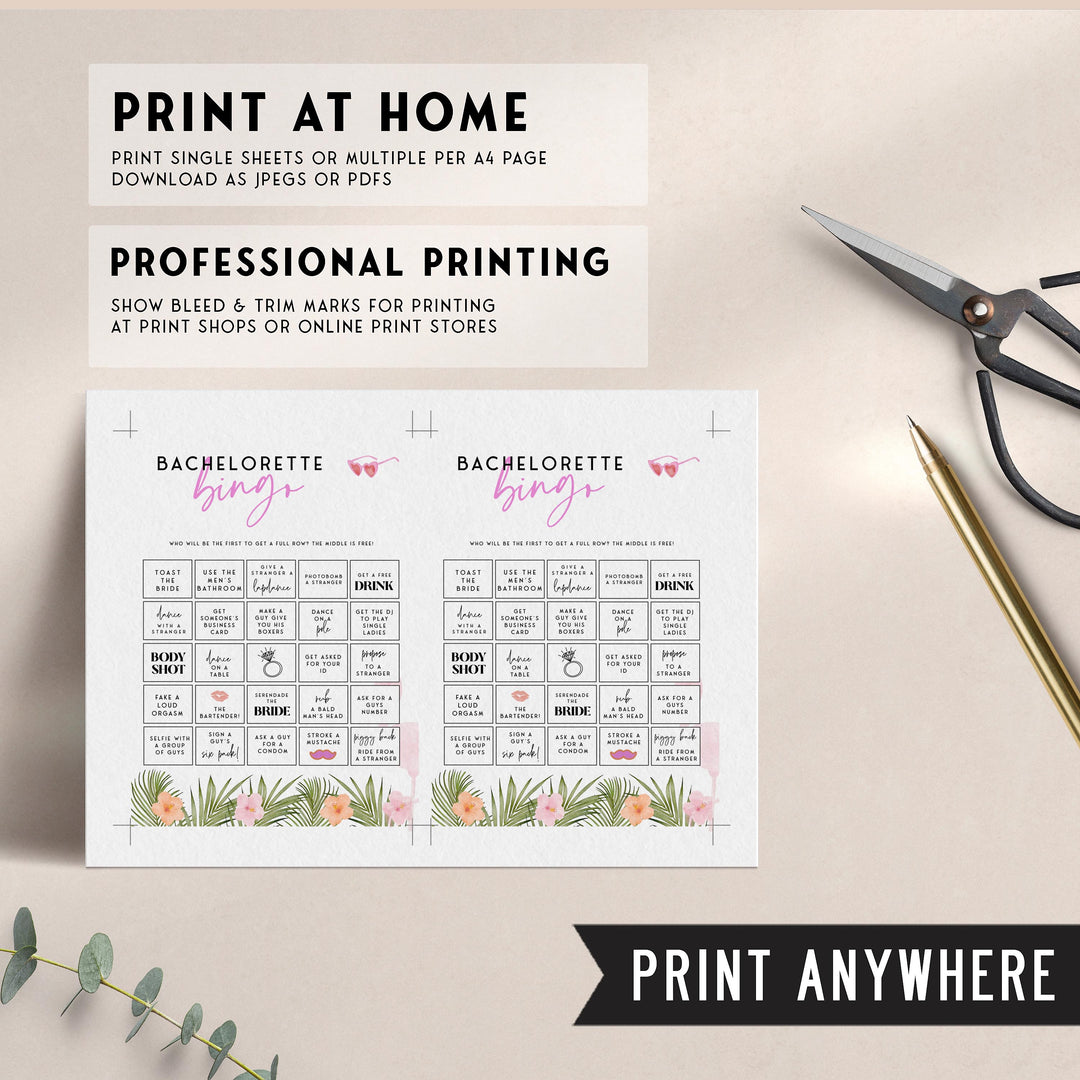 Fully editable and printable adult bachelorette party bingo game with a miami design. Perfect for a miami, Bachelorette themed party