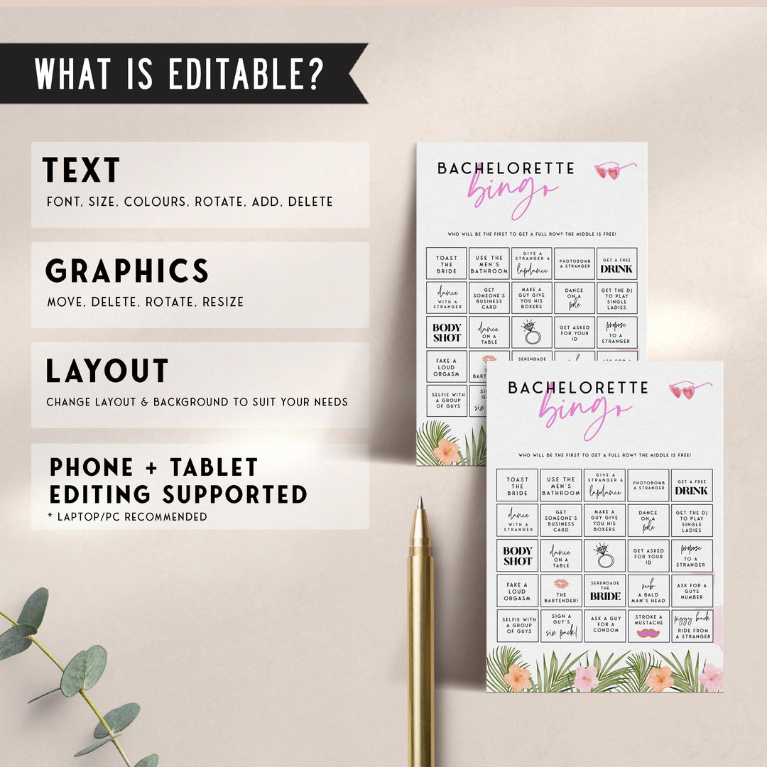 Fully editable and printable adult bachelorette party bingo game with a miami design. Perfect for a miami, Bachelorette themed party