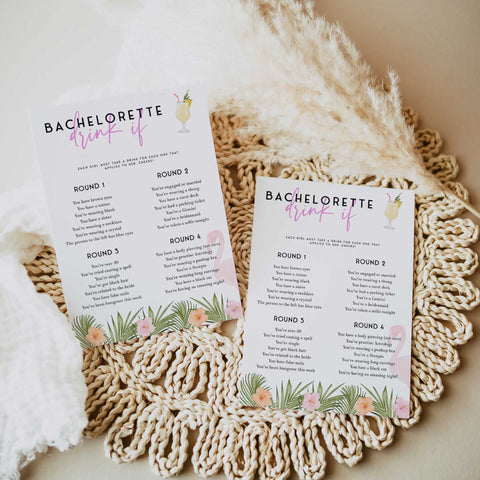 Fully editable and printable bachelorette drink if game with a miami design. Perfect for a miami, Bachelorette themed party
