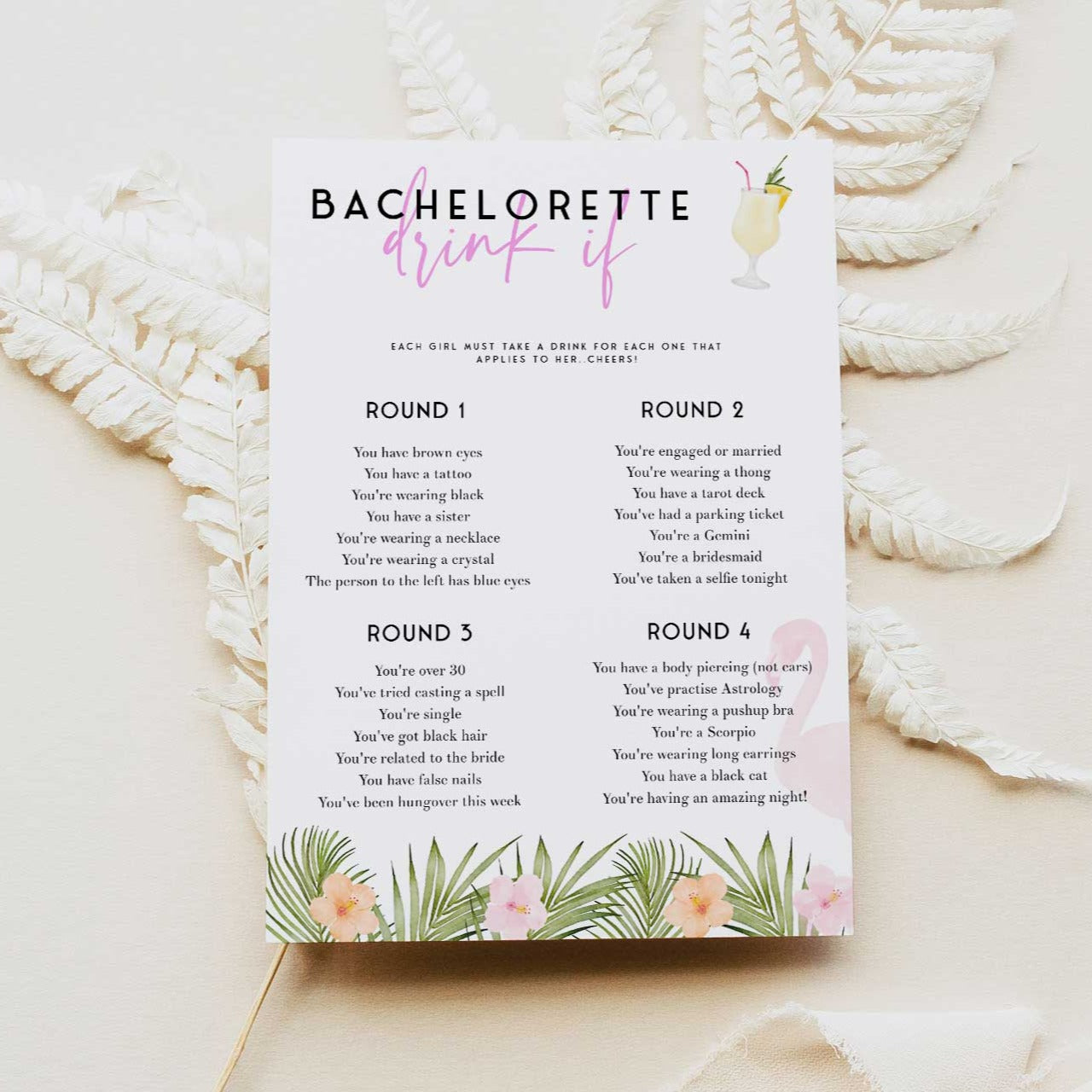 Fully editable and printable bachelorette drink if game with a miami design. Perfect for a miami, Bachelorette themed party