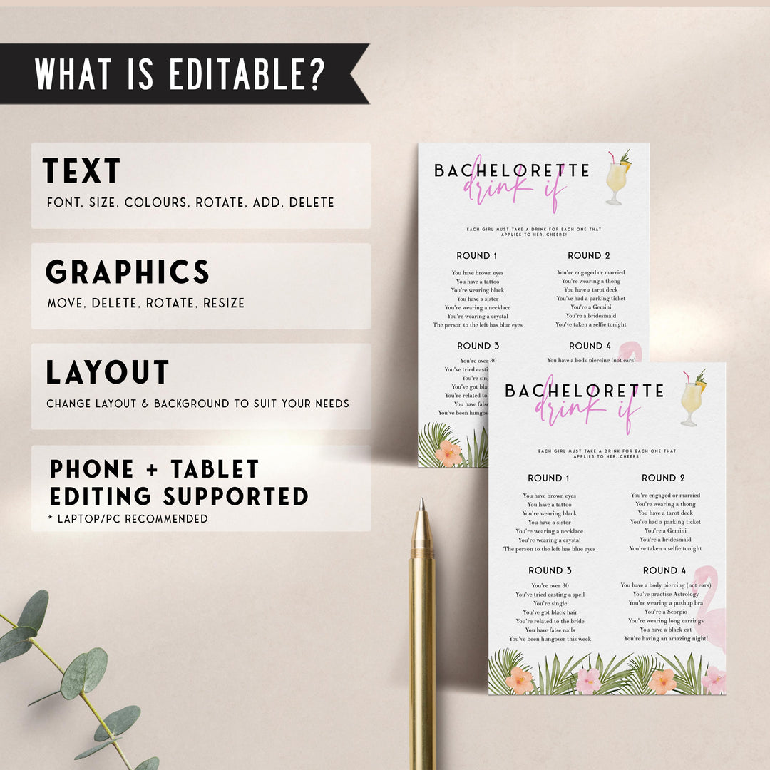Fully editable and printable bachelorette drink if game with a miami design. Perfect for a miami, Bachelorette themed party
