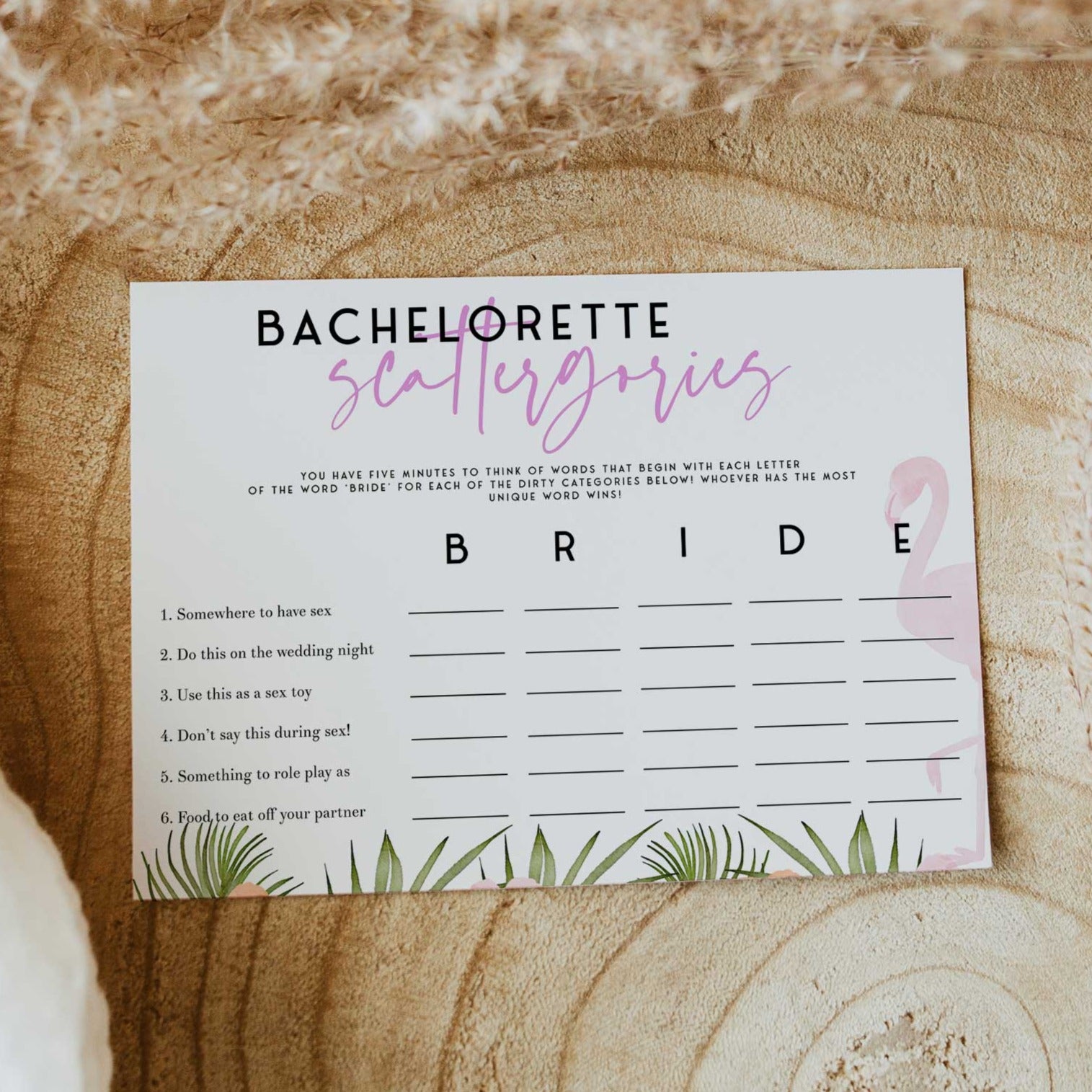 Fully editable and printable bachelorette scattergories game with a miami design. Perfect for a miami, Bachelorette themed party