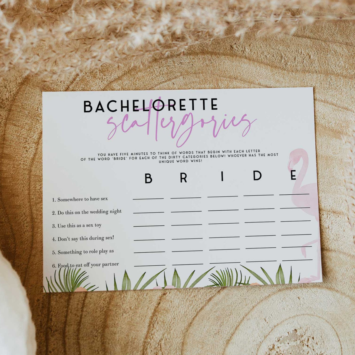Fully editable and printable bachelorette scattergories game with a miami design. Perfect for a miami, Bachelorette themed party