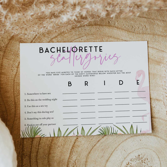 Fully editable and printable bachelorette scattergories game with a miami design. Perfect for a miami, Bachelorette themed party